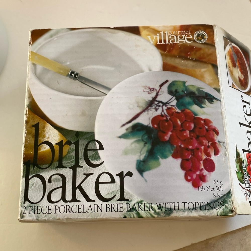 Gourmet Village Brie Baker. Porcelain with fruit graphic on lid.